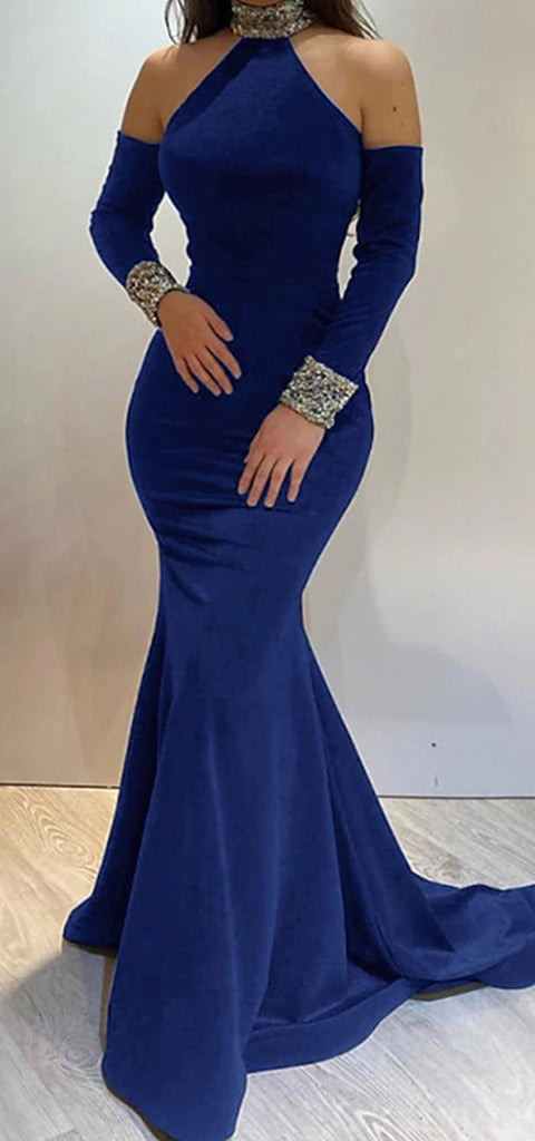 Elegant Halter Long Sleeveless Mermaid Royal Blue Evening Prom Dresses Online, OT148