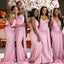Elegant One Shoulder Beading Mermaid Satin Pink Long Bridesmaid Dresses Online, OT558