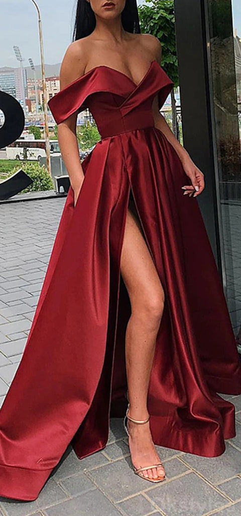 Elegant Off the Shoulder A-line Satin Side Slit Long Prom Dresses Online, OT229