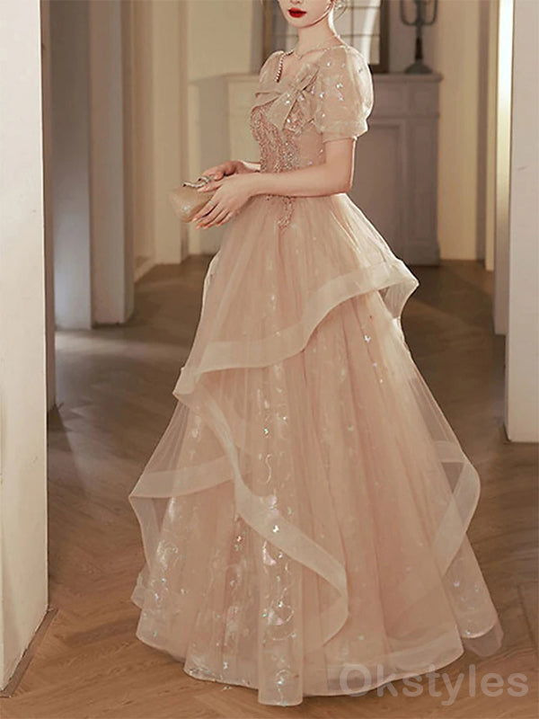 Elegant Short Sleeves Applique A-line Tulle Long Evening Prom Dresses Online, OT147